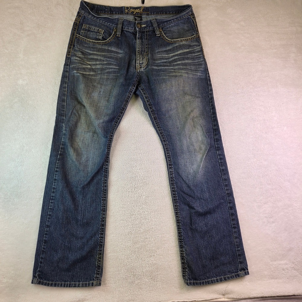 Royal Premium Mens Bootcut Jeans 36x32 Medium Wash Distressed Embroidered Blue
